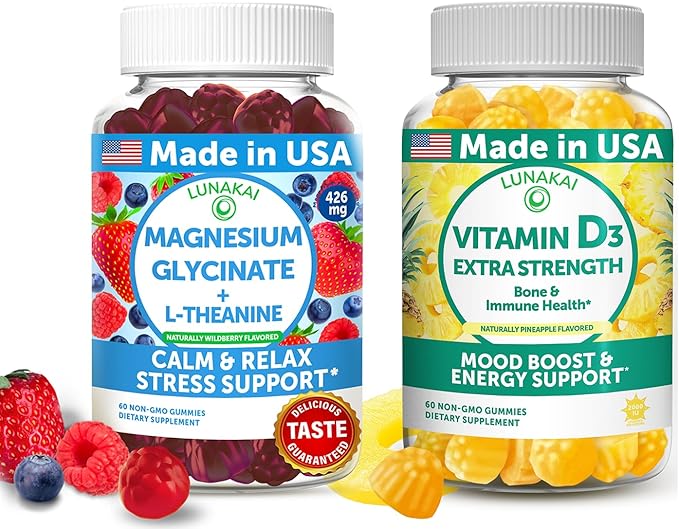 Lunakai USA Made Magnesium Glycinate &amp Vitamin D3 Gummies Bundle – Stress Mood and Immune Support