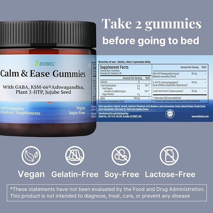 Dobel - Calm &amp Sleep Gummies for Adults | Calming Gummies with GABA 5-HTP &amp Ashwagandha KSM-66 Sugar-Free Vegan Bedtime Wind-Down Support Natural Blueberry Flavor - 60 Gummies