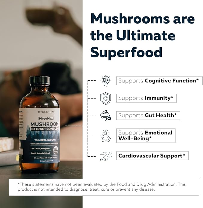 MycoMax Mushroom Complex - 70% Beta Glucans Max Potency Mushroom Supplement US Grown + Ultrasonic Extraction - Lions Mane Cordyceps Reishi &amp More - Promotes Cognition Immunity Energy - 8 oz.