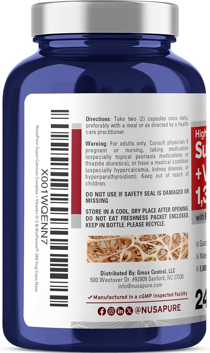 NusaPure Super Calcium with Vitamin D 3 &amp Calcium Citrate - Suitable for Vegetarian/Vegan Non - GMO - 1300mg - 240 Capsules