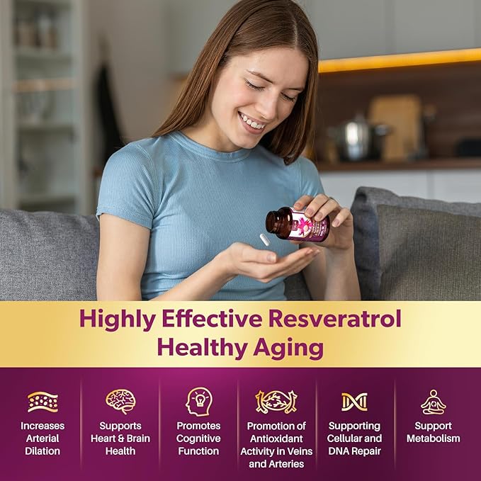 Piceid Resveratrol Supplement and NAD+ Cell Regenerator Nitric Oxide Supplement Support Heart Health Blood Flow Cellular Energy Production &amp Metabolism Red Grape Powder 45 Day Supply