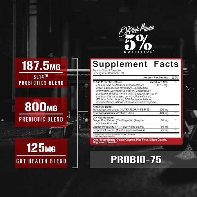5% Nutrition Rich Piana Probio-75 Billion CFUs | Vegan 14 Unique Strains
