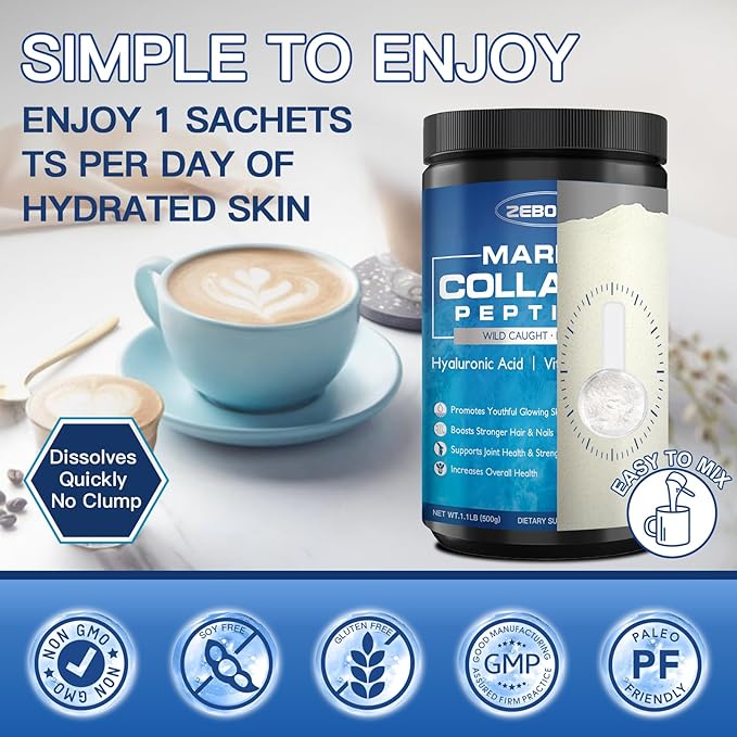 ZEBORA Marine Collagen Peptides Powder 50 Servings - Wild Caught Hydrolyzed Fish Collagen with Hyaluronic Acid Keratin Multivitamins - Collagen for Women Support Skin Hair Nail Joint Keto Friendly