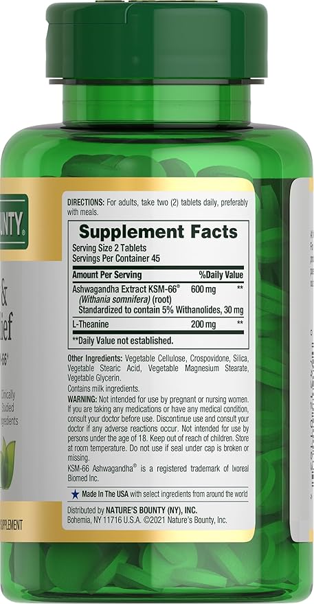 Nature's Bounty Stress Relief Ashwagandha KSM-66 Supports Occasional Stress Relief Dietary Supplement 2 Tablets per Day Vegetarian Tablets Gluten Free 90 Ct