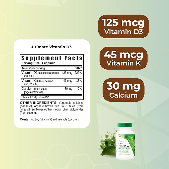 Youngevity Ultimate Vitamin D3 5000 IU with K2 – High-Potency Vitamin D3 Vitamin K2 and Calcium Supplement for Immune Support Bone Density and Heart Health – 60 Capsules