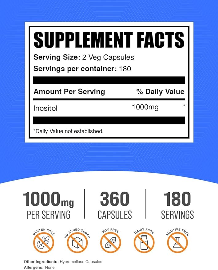 BulkSupplements.com Inositol Capsules - Inositol Supplement Vitamin B8 for Overall Wellness - Gluten Free 2 Capsules per Serving (1000mg) 360 Count (Pack of 1)