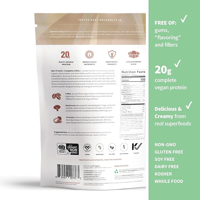 Sprout Living Epic Protein Plant Based Protein &amp Superfoods Powder Complete Coffee | 20 Grams Organic Protein Powder Adaptogens Mushrooms Vegan Non-GMO Gluten Free (1 Pound 12 Servings)
