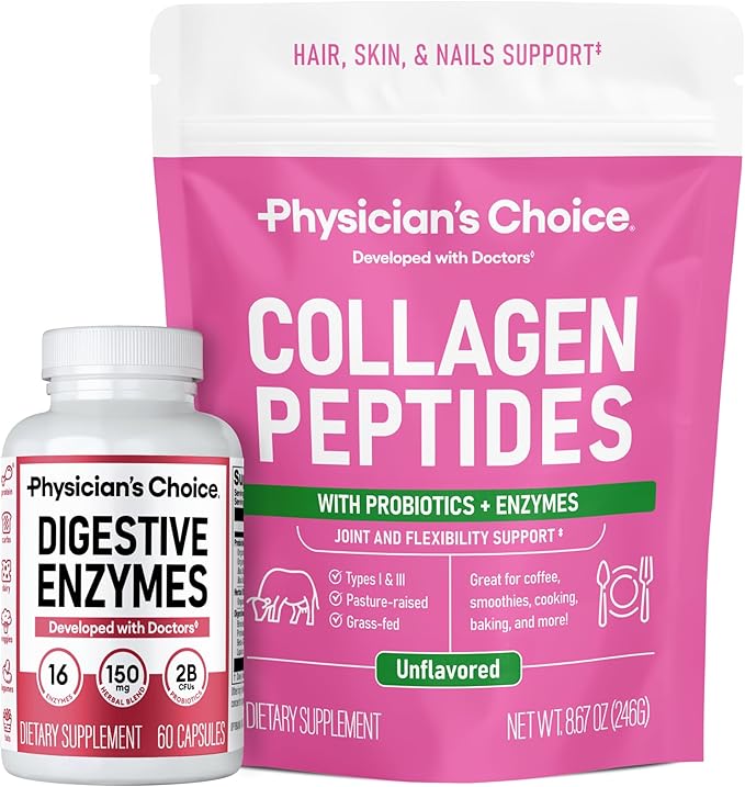 Physician's CHOICE - Full Gut Health Bundle: Collagen Peptides Powder + Digestive Enzymes 60ct for Digestive Comfort Workout Recovery &amp Skin Nails and Joint Support