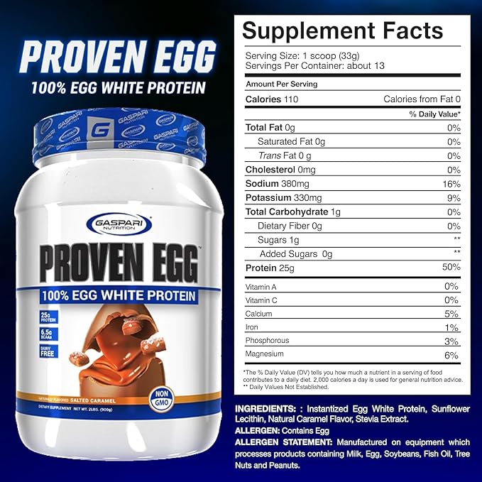 Gaspari Nutrition Proven Egg 100% Egg White Protein 25g Protein Keto Friendly Dairy and Lactose Free Soy Free (1lb Salted Caramel)