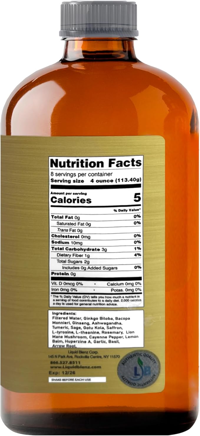 LiquidBlenz Good Brain Tonic Herbal Brain Health Support Drink 32 oz Liquid Botanical Blend with Ginkgo Lion’s Mane &amp Adaptogens – Natural Focus &amp Clarity Tonic