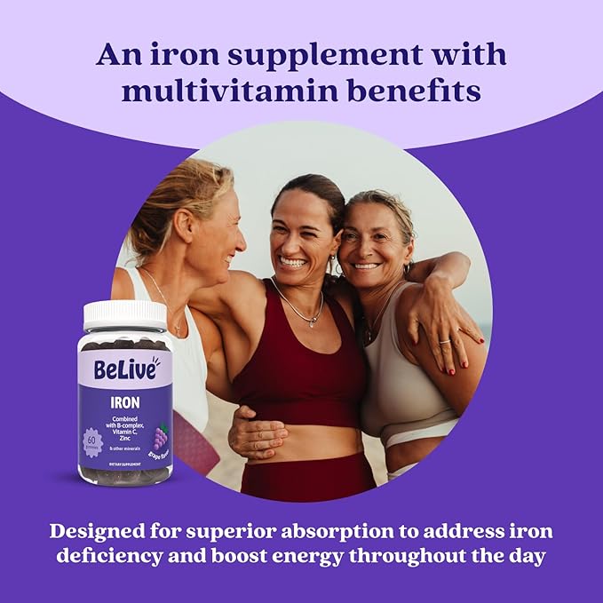 BeLive Iron Gummies - Multivitamin Iron Supplement with Vitamin C A B &amp Zinc Supports Blood Oxygen Vegan Supplements for Women Men &amp Kids for Growth and Development - Grape Flavor | 5-Pac