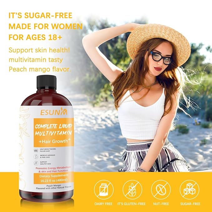 Complete Liquid Multivitamin Hair GrowthSupport for Thicker Hair &amp Facial Wrinkles in Women | Biotin 30mcg | Semen Sesami Nigrum Promotes Energy Metabolism Skin &amp Hair for Ages 18+ | 16.23 Fl