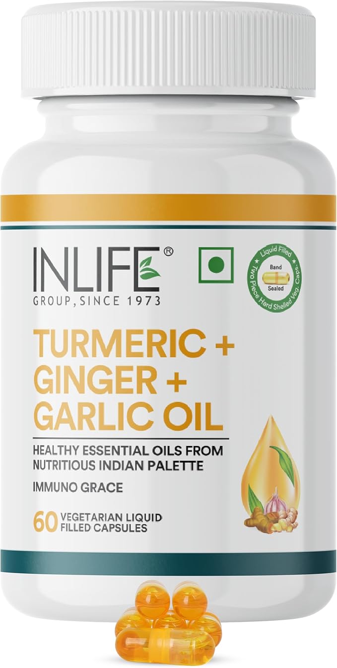 INLIFE Organic Turmeric Ginger Garlic Capsules 300mg (Liquid Filled) for Inflammation Joint Support Immune Support &amp Heart Health | Ayurvedic Vegitarian GMP Tested - (60 Count)
