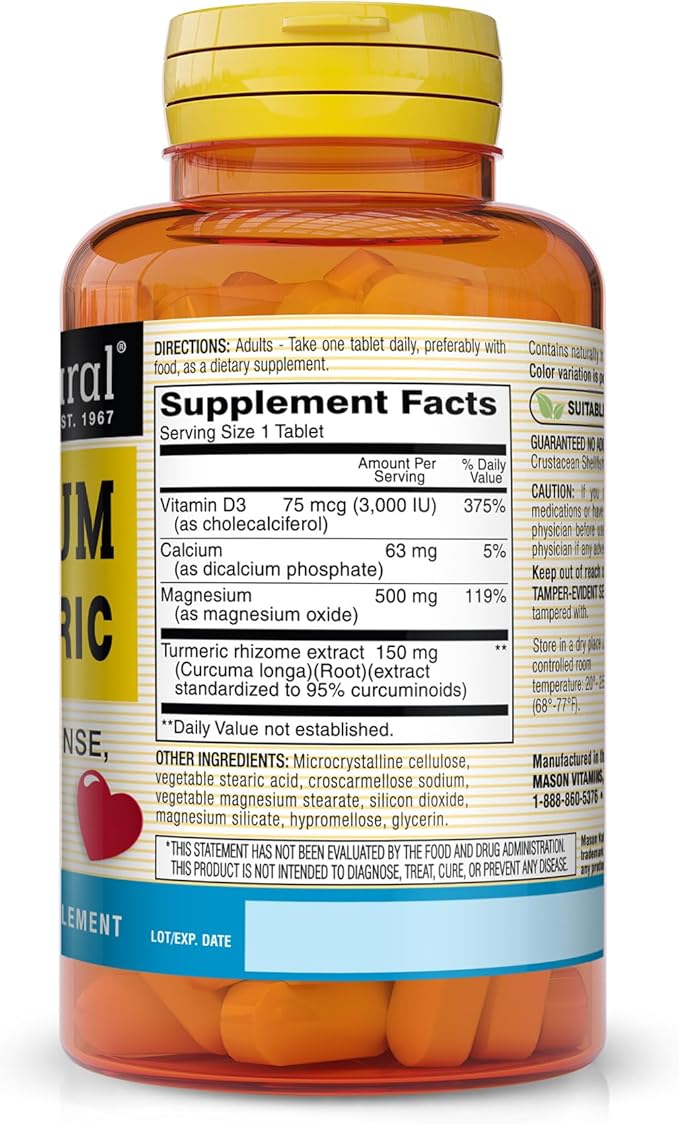 MASON NATURAL Magnesium &amp Vitamin D3 with Turmeric 180Day Supply Dietary Supplement for Daily Wellness Support 60 Tablets (Pack of 3)