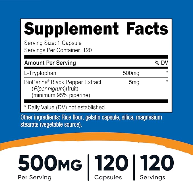 Nutricost L-Tryptophan 500mg 120 Capsules - with BioPerine Gluten Free Non-GMO (Pack of 2)