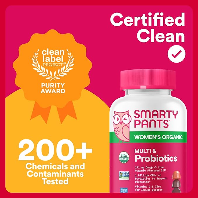 SmartyPants Organic Women's Multivitamin Gummies: Biotin Probiotics Methylfolate Omega 3 (ALA) Vitamin D3 C Vitamin B12 B6 A K &amp Zinc Inositol Gluten Free 120 Count (30 Day Supply)