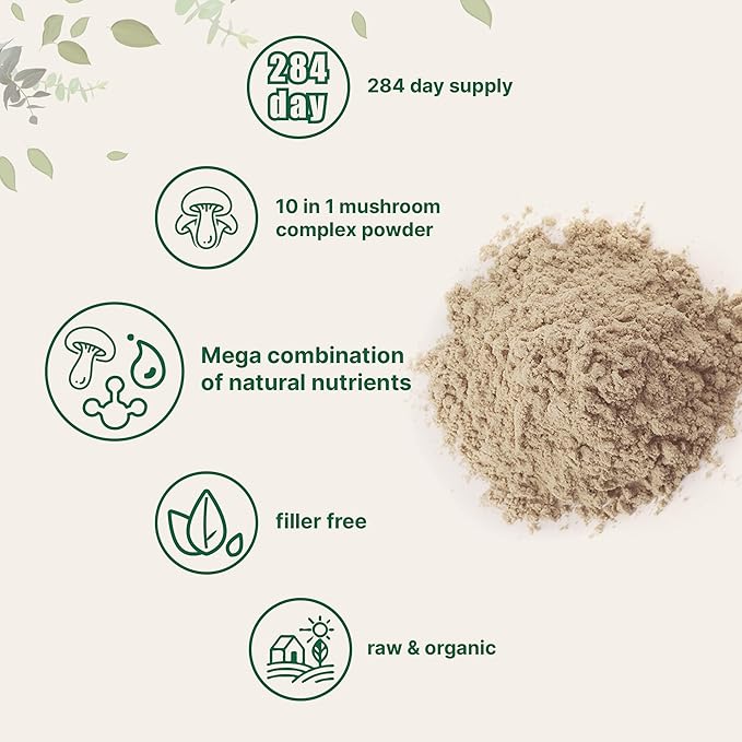 Micro Ingredients Organic Mega Mushroom Powder10 Ounce (284 Days Supply) | 10 in 1 Complex Formula for Immune System Booster | Chaga Lions Mane Cordyceps Reishi &amp More | Filler Free Vegan