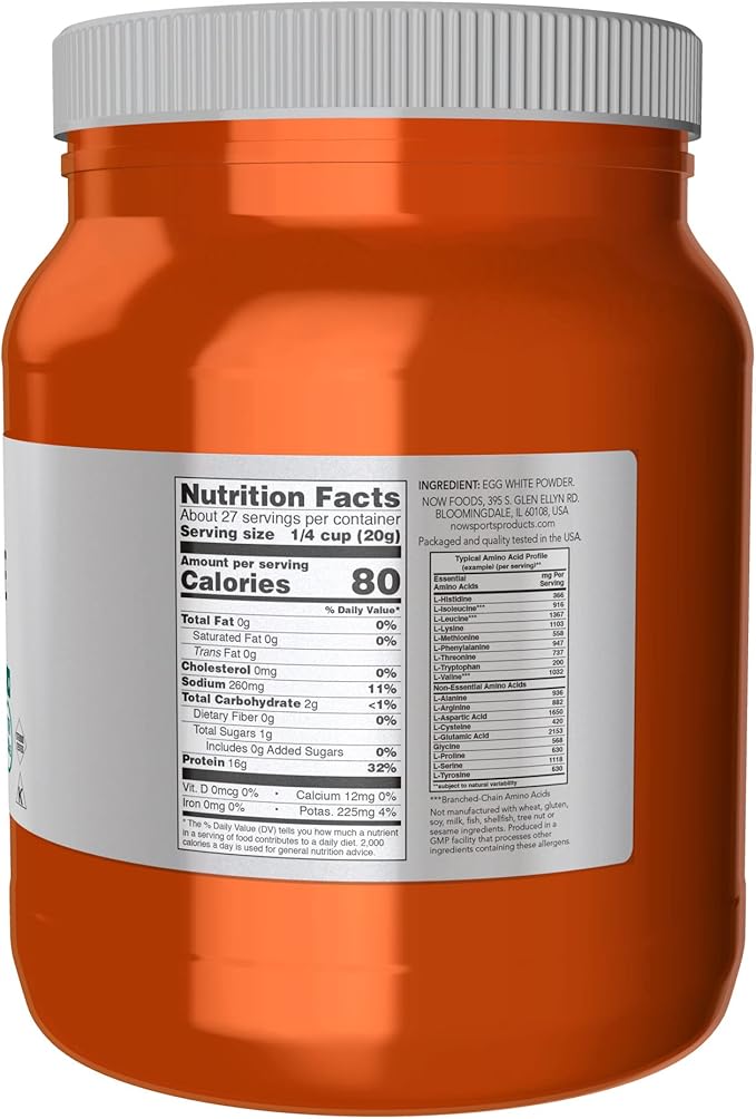 NOW Sports Nutrition Egg White Protein 16 g with BCAAs Unflavored Powder 1.2-Pound (Pack of 2)