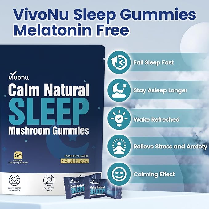 VivoNu Melatonin Free Sleep Gummies with L-Theanine Magnesium Reishi Mushroom | Non-Habit Forming Sleep Aid | Non-GMO Sleep Support Gummy for Women &amp Men | Raspberry Flavor