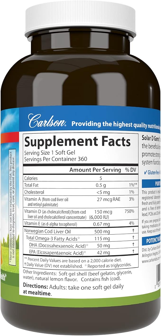 Carlson - Solar D Gems Vitamin D3 and Omega-3 Supplement 6000 IU (150 mcg) Vitamin D3 115 mg Omega-3s EPA and DHA Supplement Wild Caught Sustainably Sourced Lemon 360 Softgels