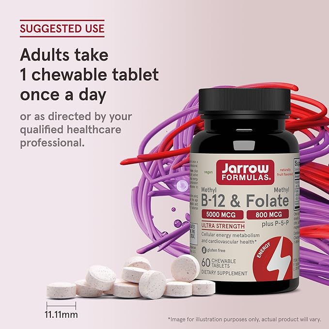 Jarrow Formulas Methyl B-12 &amp Methyl Folate Bioactive Vitamin B9 and Vitamin B12 Supplement Supports Cellular Energy Production Healthy Brain Function &amp Metabolism 60 Chewable Tablets 60