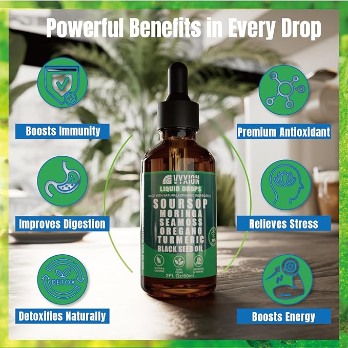 Vyxion Soursop Bitters Liquid Drops 10 in 1 with Sea Moss Moringa Turmeric Black Seed Oil Oregano Ashwagandha | Herbal Extracts for Overall Health-Enhancing |Vegan Non-GMO| 4 Fl Oz