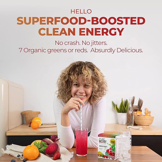Pureboost Superfoods Clean Energy Booster Energy Drink Mix Powder with 7 Organic Green Superfoods Spirulina Kale Broccoli and Vitamins Green Apple Pineapple Mango (Green Mojo 30 Count)
