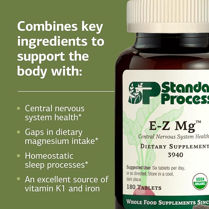 Standard Process E-Z Mg - Central Nervous System Health Supplement - Contains Magnesium Iron &amp Vitamin K1 - Aids Sleep Pathways - Gluten-Free Non-Dairy &amp Non-Soy - 180 Tablets (30 Servings)