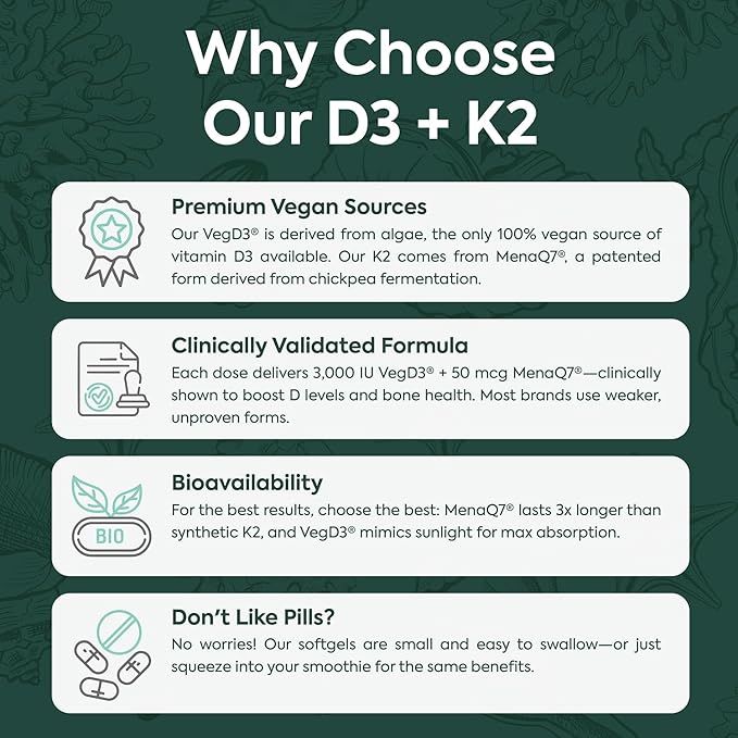 Organics Ocean Better D3 + K2-100% Organic VIT D3 and K2 Supplements with Maximum Bioavailability - Supports Bone Density Calcium Balance Immunity &amp Mood - 1-Pack 30-Day Supply