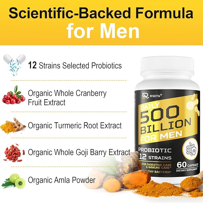 Probiotics for Men 500 Billion CFUs &amp 12 Strains Mens Probiotic with Turmeric Cranberry Goji Gut Health for Men for Digestive Health Gut Bloating &amp Gas Immune Energy Support 120-Day S