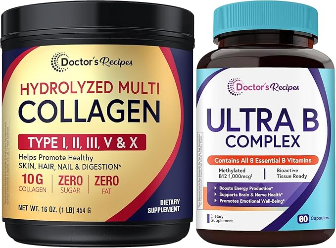 Doctor’s Recipes Multi Collagen Peptides Powder + Ultra Vitamin B Complex Bundle Grass-Fed Hydrolyzed Protein Types I II III V X Unflavored Easy-to-Dissolve Collagen All 8 Essential B Vitamins with
