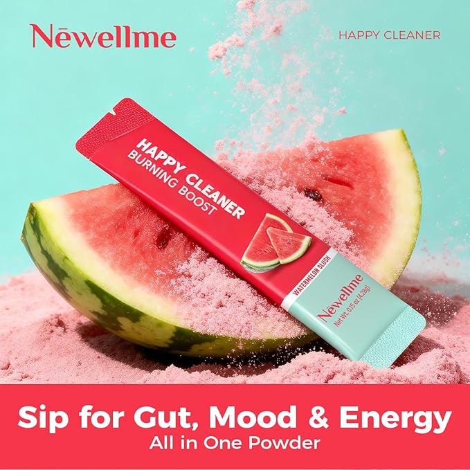 NEWELLME Happy Cleaner Digestive Supplement Powder Gut Health Drink Mix with Probiotics Digestive Enzymes &amp Fiber Supports Digestion and Bloating Watermelon Flavor 28 Sachets (2 Boxes)