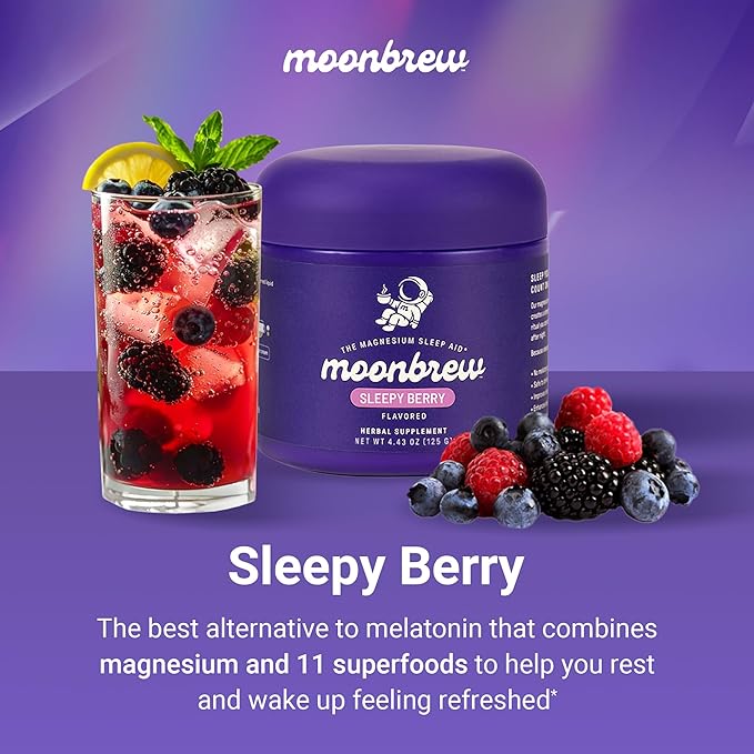 MoonBrew Nighttime Magnesium Sleepy Berry Smoothie Natural Sleep Aid Drink Mix for Adults - Calming Melatonin-Free Sleep Support with L-Theanine Chamomile &amp Zinc Glycinate - 25 Servings