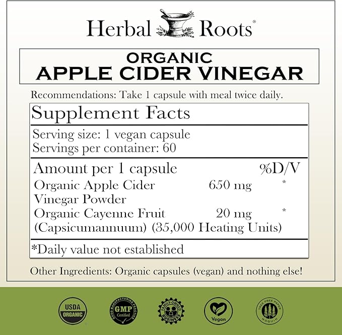 Herbal Roots Organic Apple Cider Vinegar Capsules with Mother and Organic Cayenne | 650 mg | 60 Vegan Capsules (Pack of 2)