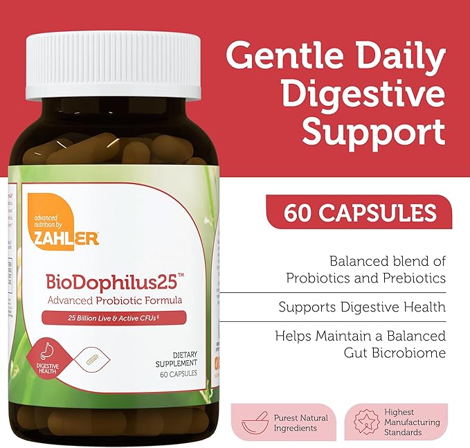 Zahler BioDophilus25 25 Billion CFU Probiotic + Prebiotic - 11 Strains Daily Probiotic Supplement - Kosher Probiotics for Women for Digestive Health Probiotics for Men for Gut Health (60 Capsules)