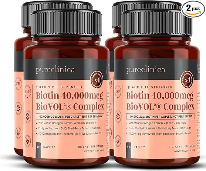 pureclinica 400% Strength Biotin 40000mcg x 180 Caplets (2 Bottles of 90) – BioVOL²® Liposomal Biotin Complex | with Marine Collagen Keratin Vitamin C &amp More | 6 Months Supply