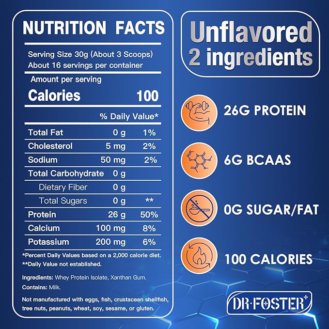 DRFOSTER Whey Protein Powder Isolate - Unflavored Grass-Fed 26g Protein &amp 6g BCAAs for Muscle Growth &amp Recovery Sugar Free &amp Keto Friendly 1.1LB 16 Servings