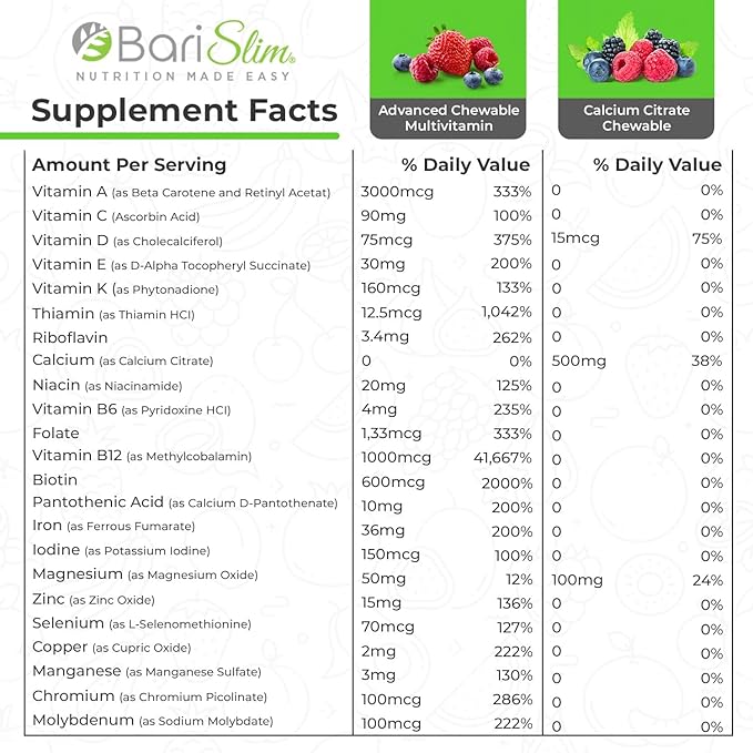 BariSlim Bariatric Calcium Citrate &amp Advanced Chewable Bariatric Multivitamin with Iron - Bariatric Vitamin and Supplement for Post Bariatric Surgery Including Gastric Bypass and Gastric Sleeve