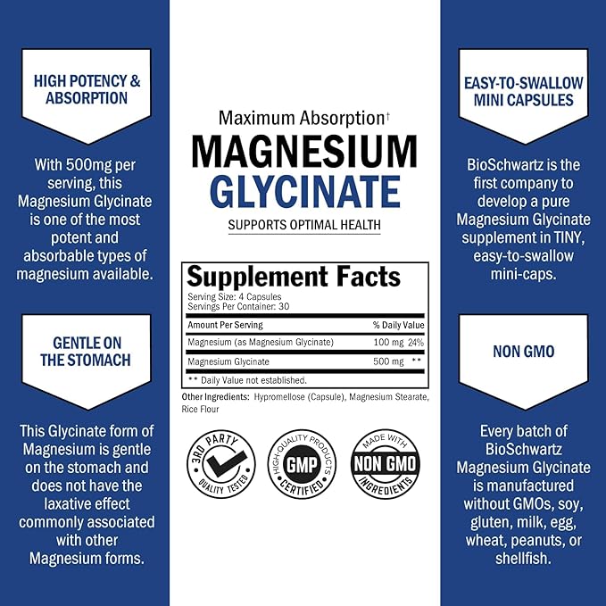 BioSchwartz Magnesium Glycinate 500mg Capsules (120 Mini Caps) Maximum Absorption Magnesium Supplement for Healthy Nerves Muscles Heart Mood and Sleep Support (Vegan Gluten-Free Non-GMO) (Pack of 2)