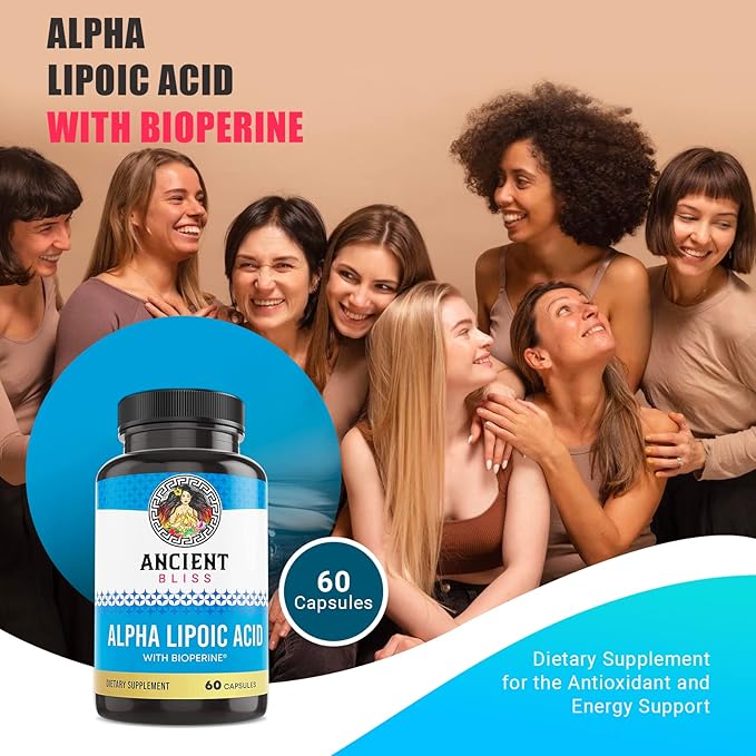Ancient Bliss Alpha Lipoic Acid Supplement Antioxidant and Energy Support ALA Supplement with Bioperine No Gluten and Soy 600mg per Serving 60 Vegan Capsules