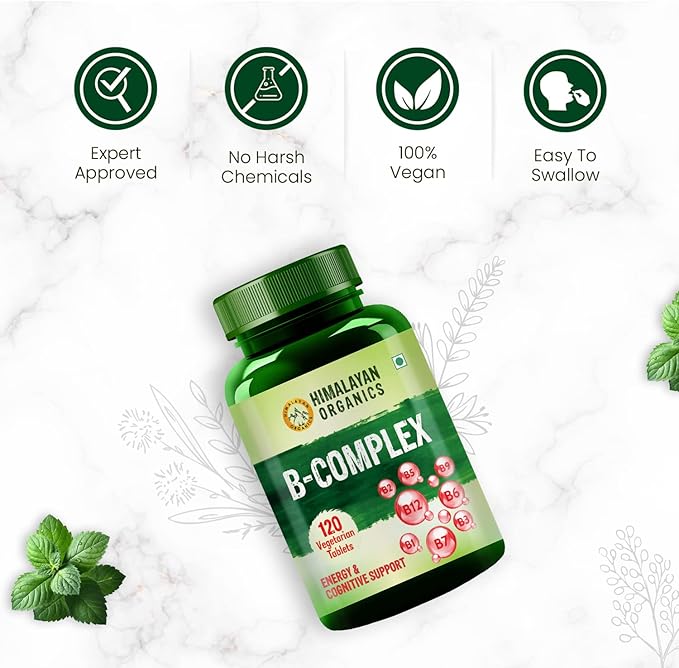 Himalayan Organics Vitamin B Complex with 100% RDA B1 B2 B3 B5 B6 B9 &amp B12 | 120 Veg Tablets