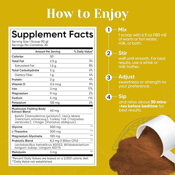 Venture Pal Hot Cocoa with Mushrooms Sleep Support Formula with Melatonin 3mg Reishi Magnesium Glycinate Sugar Free 30 Servings