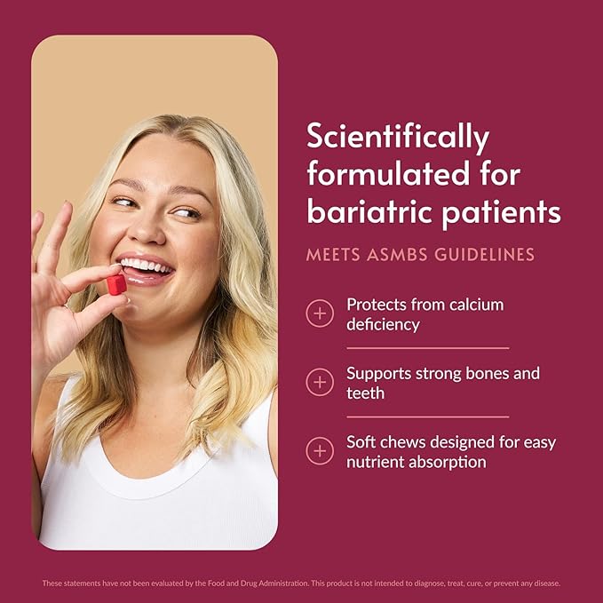 Bariatric Advantage Calcium Citrate Chewy Bites 500 mg - Highly Absorbable &amp Digestible - Vitamin D3 - Easily Chewable Calcium Supplement - Raspberry Flavor - 90 Count
