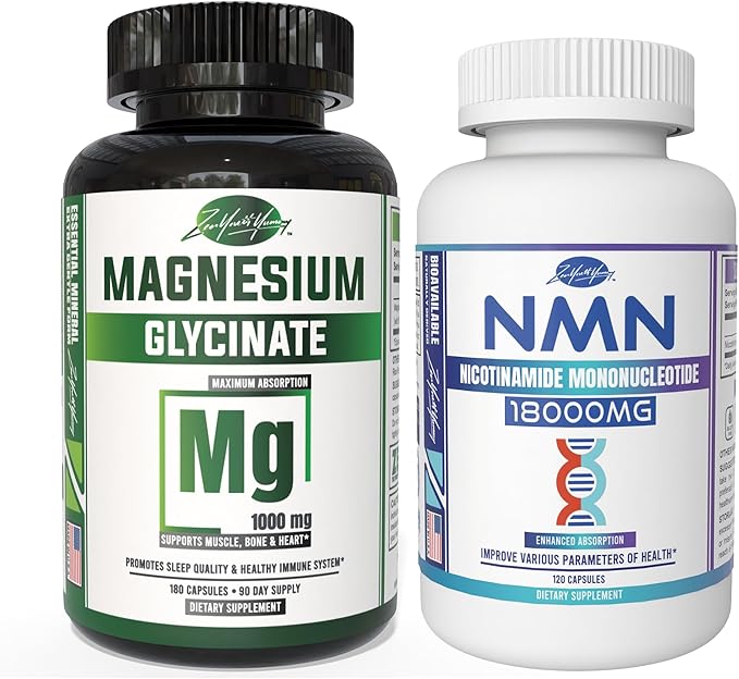 ZYY Magnesium Glycinate 1000mg &amp NMN 18000mg per Bottle 300mg per Serving | Chelated &amp High Absorption Mineral | Real Nicotinamide Mononucleotide Anti Aging