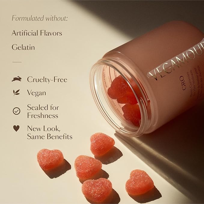 VEGAMOUR GRO Biotin Gummies Strawberry Flavor with 5000 mcg Biotin Supports Healthy Hair Vegan Gummies with Vitamins A B C E B-12 &amp More 30 Ct