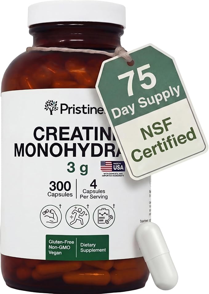 PRISTINE'S Creatine Monohydrate Capsules for Women &amp Men - NSF Certified 75 Day Supply 3G Creatine Pills for Women - Cognitive &amp Athletic Performance Support - Enhanced Recovery Glass Bottle