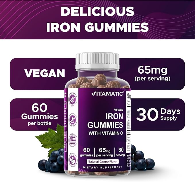 Vitamatic Iron 65 mg Gummies Supplement for Women &amp Men - 60 Vegan Gummies - Great Tasting Iron Gummy Vitamins with Vitamin C (3)