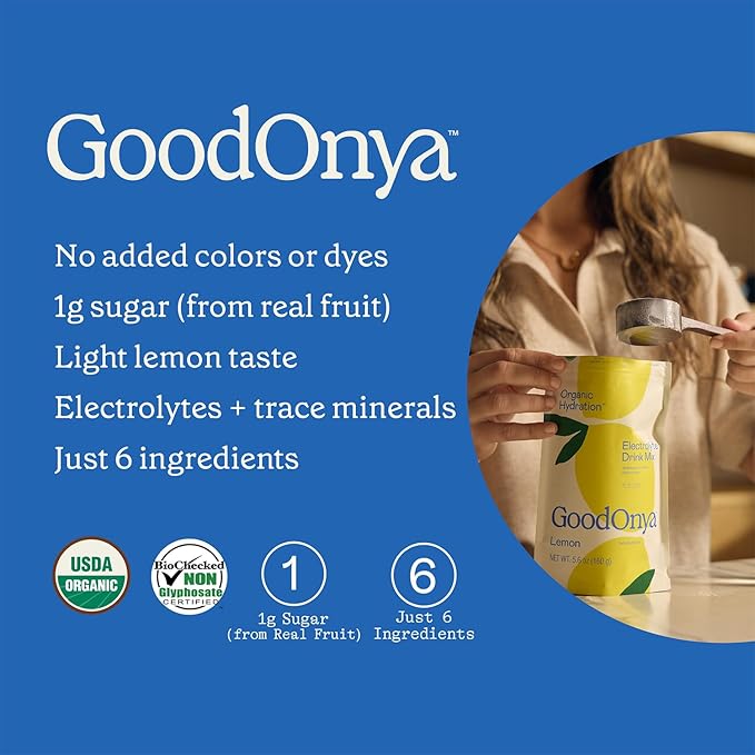 GOODONYA Organic Hydration Electrolyte Drink Mix Certified Organic Hydration Powder Non-GMO Biochecked Glyphosate Free Low Sugar Lemonade Flavor No Artificial Flavors 20 Servings
