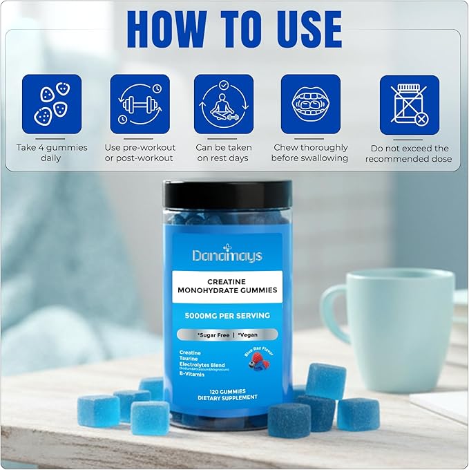 Creatine Gummies with Electrolytes | 5000 mg Creatine Monohydrate | Taurine Magnesium Potassium &amp Sodium | Blue Raspberry Flavor | Vegan Gummies