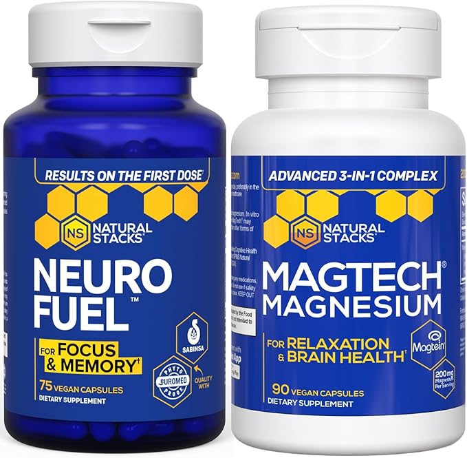 NATURAL STACKS MagTech Magnesium + NeuroFuel Nootropic Bundle - Supports Relaxation Focus &amp Brain Health* - 165 Total Capsules